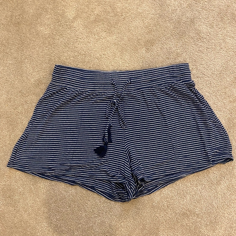 Blue and white striped pajama shorts